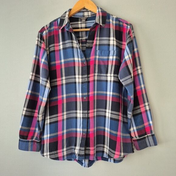 Eddie Bauer Blue Pink Plaid Long Sleeve Button Up Collared Shirt Womens Medium - Picture 1 of 6